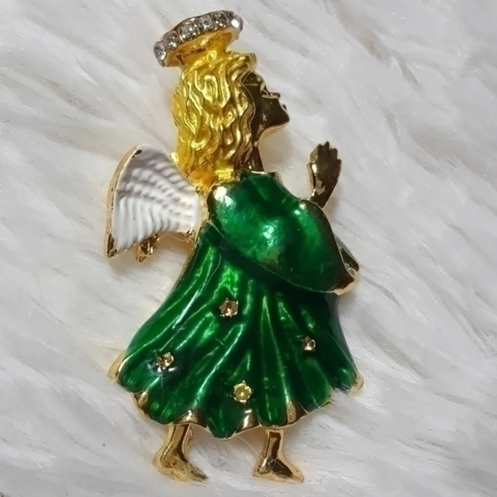 Jeweled Robe & Halo Winged Angel Brooch Pin